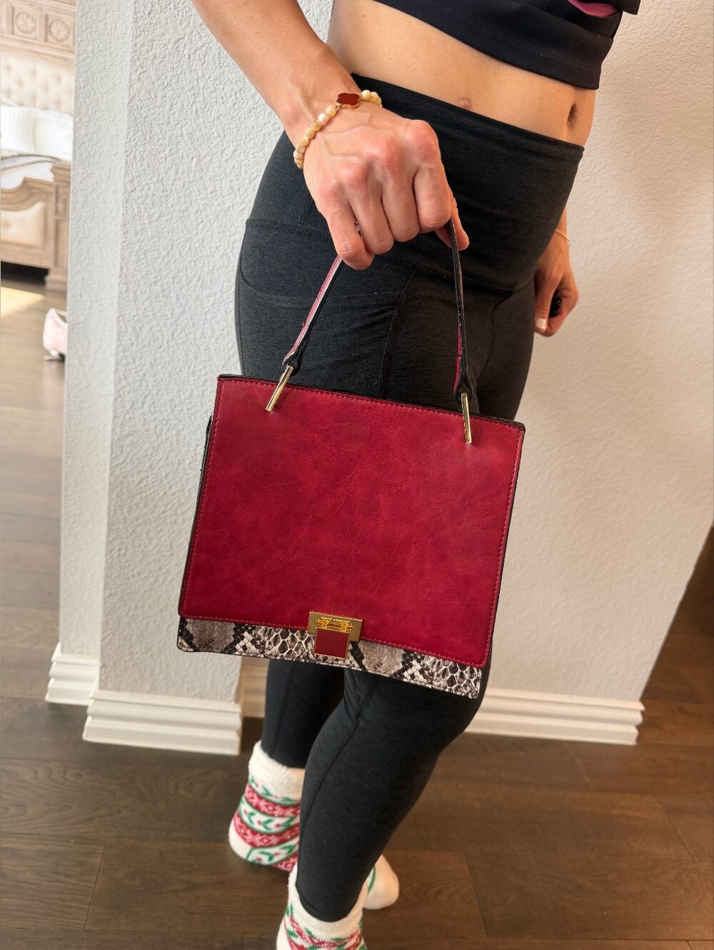 Red Structured Top-Handle Bag with Snake-Print Trim
